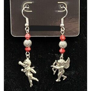 Handmade Cupid with Metal Rose & Red Crystal Bead Earrings by Neanie-Bot